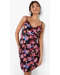 satin floral cowl flute hem slip dress