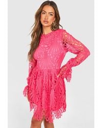 Boohoo - High Neck Flared Sleeve Lace Skater Dress - Lyst