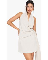 Boohoo - Tall Linen Look Drape Cowl Wrap Mini Dress - Lyst