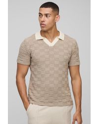 BoohooMAN - Regular Fit V Neck Checkboard Knitted Polo - Lyst