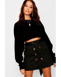 Boohoo Womens Minirock mit hohe Taille, falscher Hornknopfleiste und Gürtel - Schwarz