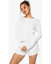 Boohoo - Pointelle Lettuce Hem Button Through Long Sleeved Top & Shorts Pyjama Set - Lyst