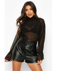 Boohoo High Neck Crinkle Fabric Sheer Blouse - Noir