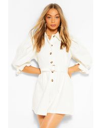 boohoo denim v neck dress with puff sleeve in white