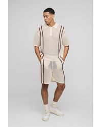 Boohoo - Conjunto De Pantalón Corto Y Polo Recto De Punto Calado Con Rayas Y Botones En El Cuello - Lyst