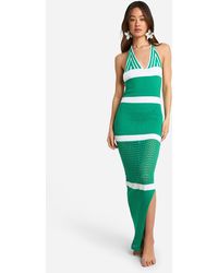 Boohoo - Tall Crochet Beach Halterneck Stripe Maxi Dress - Lyst