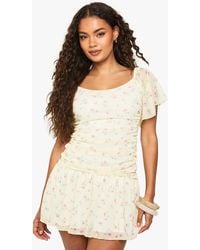 Boohoo - Ditsy Floral Mesh Angel Sleeve Ruched Mini Dress - Lyst