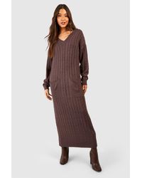 Boohoo - Knitted V Neck Patch Pocket Midi Dress - Lyst