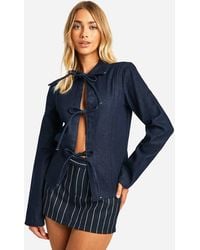 Boohoo - Bow Detail Tie Front Denim Shacket - Lyst