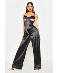 Boohoo Womens Under Bust Detail Stretch Satin Jumpsuit - Black