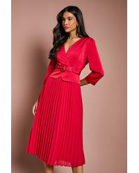Coast - Satin Bodice ¾ Sleeve Pleat Skirt Belted Midi Wedding Guest Dress - Lyst