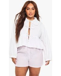 Boohoo - Plus Cotton Collar Tie Front Blouse - Lyst