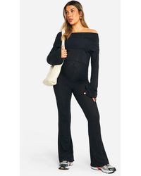 Boohoo - Maternity Textured Deep Bardot Off The Shoulder Long Sleeve Flared Jumpsuit - Lyst