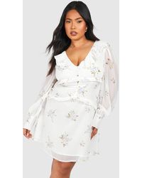 Boohoo - Plus Woven Floral Print Ruffle Detail Long Sleeve Mini Dress - Lyst