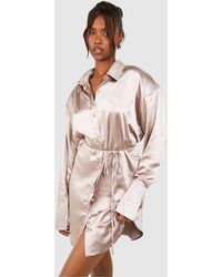 Boohoo - Satin Cinched Waist Shoulder Pad Shirt Dress - Lyst