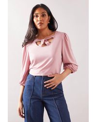 Wallis - Petite Jersey Cross Neck 3/4 Sleeve Top - Lyst