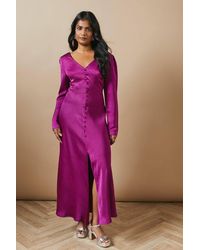 Oasis - Satin Button Front Long Sleeve Tea Midi Dress - Lyst