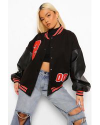 Boohoo Petite Pu Sleeve Oversized Varsity Jacket - Black