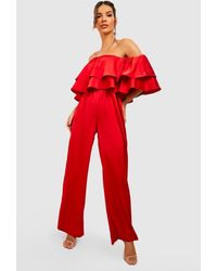 Boohoo - Tiered Ruffle Off The Shoulder Wide Leg Jumpsuit - Lyst