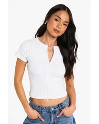 Boohoo - Rib Double Zip Through Short Sleeve Top - Lyst