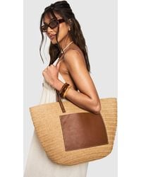 Boohoo - Contrast Pocket Detail Raffia Beach Bag - Lyst
