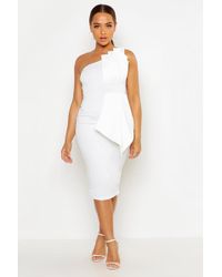 white one shoulder pleated detail midi dress