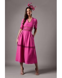 Coast - Crochet Insert Crepe V Neck Midi Dress - Lyst