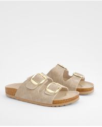 Boohoo - Wide Fit Oversized Buckle Double Strap Footbed Sliders - Lyst