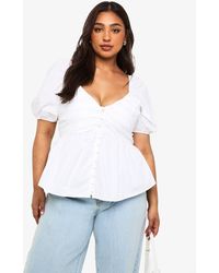 Boohoo - Plus V Neck Gathered Button Front Peplum Top - Lyst