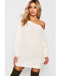Boohoo Petite Waffle Knit Off The Shoulder Sweater Dress - Natural