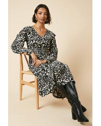 Dorothy Perkins - Mono Animal Frill Shoulder Shirred Waist Long Sleeve Midi Dress - Lyst