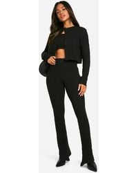 Boohoo - Soft Cable Knitted Cardigan, Crop Top And Flare Leg Trouser 3 Piece Set - Lyst
