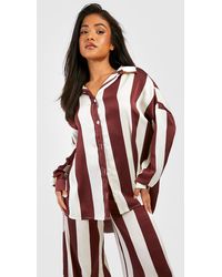 Boohoo - Petite Satin Stripe Oversized Shirt - Lyst