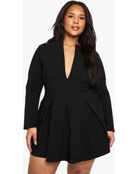 Boohoo - Plus Long Sleeve Corset Detail Plunge Pleated Hem Dress - Lyst