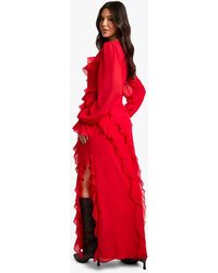 Boohoo Chiffon Flare Sleeve Cut Out Maxi Dress in Red | Lyst