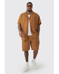 Boohoo - Plus Oversized Linen Drop Revere Shirt & Short Set In Brown - Lyst