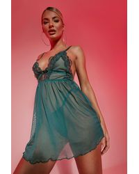 Boohoo Valentines Mesh And Lace Babydoll And String Set - Green