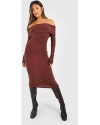 Boohoo - Soft Rib Bardot Long Sleeve Midi Dress - Lyst
