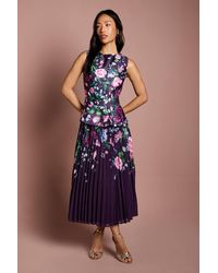 Coast - Structured Satin Placement Print Pleated Skirt Midi Dress - Lyst