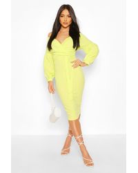 tall off the shoulder wrap midi bodycon dress