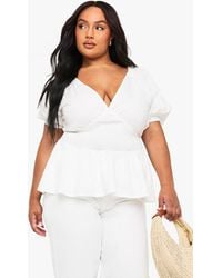Boohoo - Plus Cotton Puff Sleeve Tie Back Smock Top - Lyst