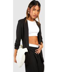 Boohoo - Jersey Knit Crepe Ruched Sleeve Plunge Lapel Blazer - Lyst