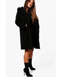 Boohoo Petite Oversized Hooded Teddy Coat - Black