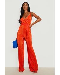 Boohoo - Tall Plisse Wrap Front Belted Wide Leg Jumpsuit - Lyst