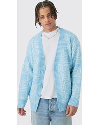 Boohoo - Boxy Fluffy Branded Knitted Cardigan In Blue - Lyst