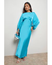 Oasis - Petite Satin Boho Sleeve Crew Neck Bias Midi Dress - Lyst