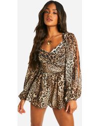 Boohoo - Animal Print Split Sleeve Romper - Lyst