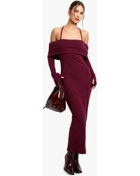 Boohoo - Wide Rib Bardot Tie Midaxi Dress - Lyst