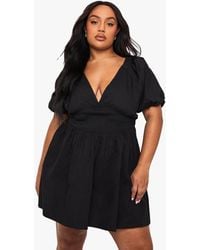 Boohoo - Plus Cotton Puff Sleeve Tie Back Skater Dress - Lyst