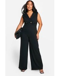 Boohoo - Plus Wrap Over Waist Coat Wide Leg Jumpsuit - Lyst